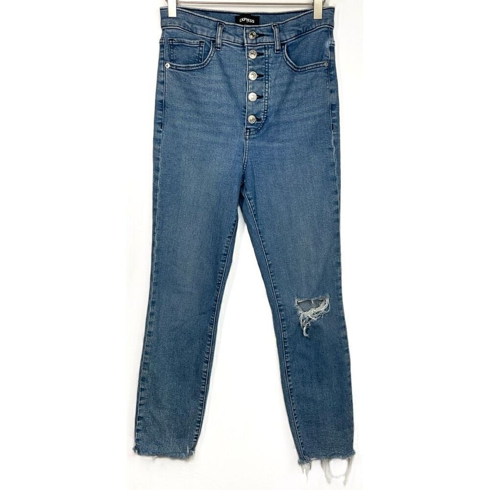 Express Blue Button Fly Slim Super High Rise Jeans 6 Regular 6R